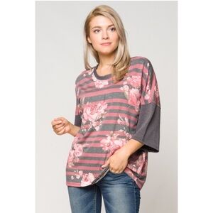 Pink and Charcoal Oversized Floral Colorblock Top